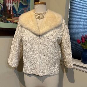 Rare All White Ribbon Knit Jacket Mink Collar - Wedding or Eve. Jacket - Sz. Med